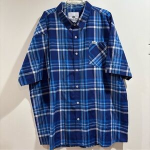 akademiks Men's 5XL Blue Plaid Button-Up Short-sleeve Casual Shirt